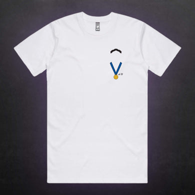 THE MO AND THE MEDAL: WHITE TEE - FRONT & BACK