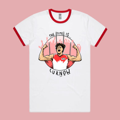 THE TIME IS CUR-NOW: RED & WHITE RINGER TEE