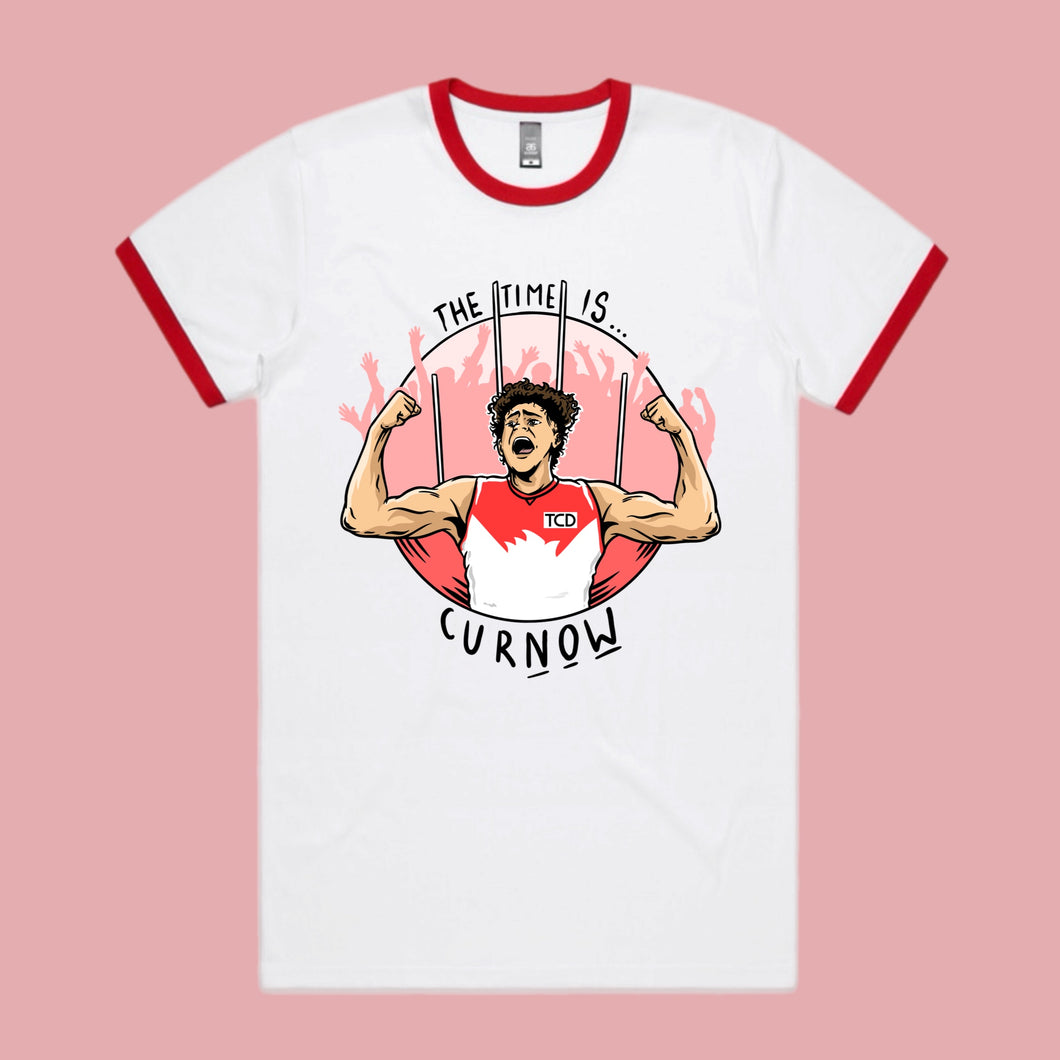 THE TIME IS CUR-NOW: RED & WHITE RINGER TEE