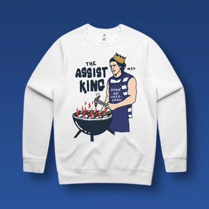 ASSIST KING: WHITE JUMPER - FRONT PRINT ONLY