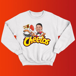 FLAMIN’ CHEETO: WHITE JUMPER - FRONT ONLY