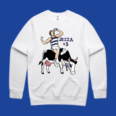 COW & JEZZA: WHITE JUMPER - FRONT PRINT ONLY